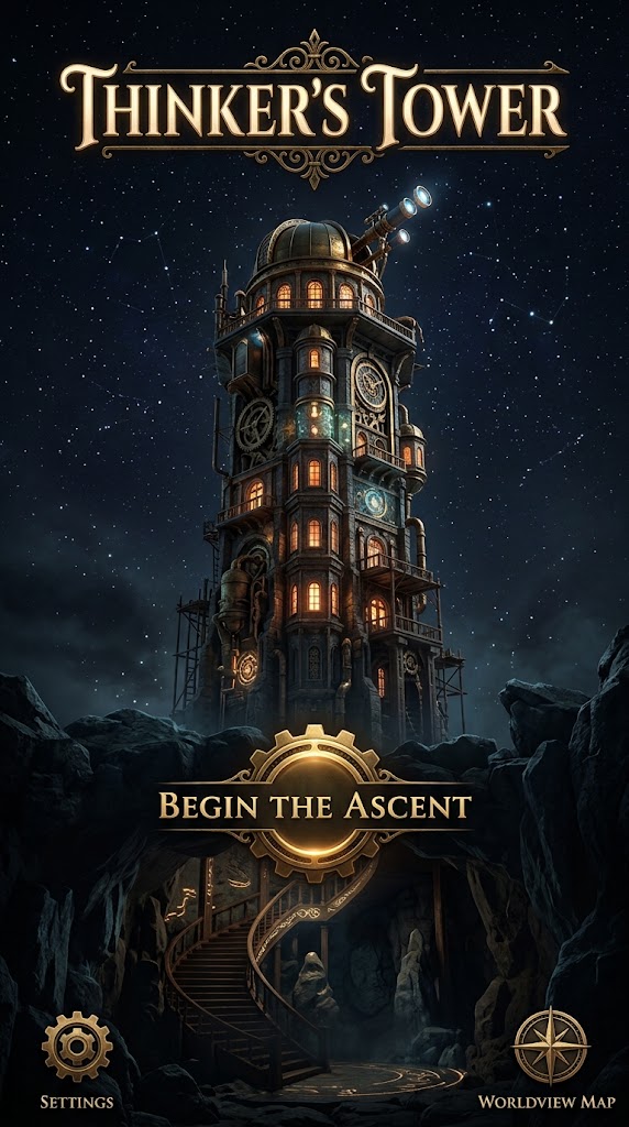 The Thinker's Tower: a brass tower with an observatory rising from a cave under a starry sky
